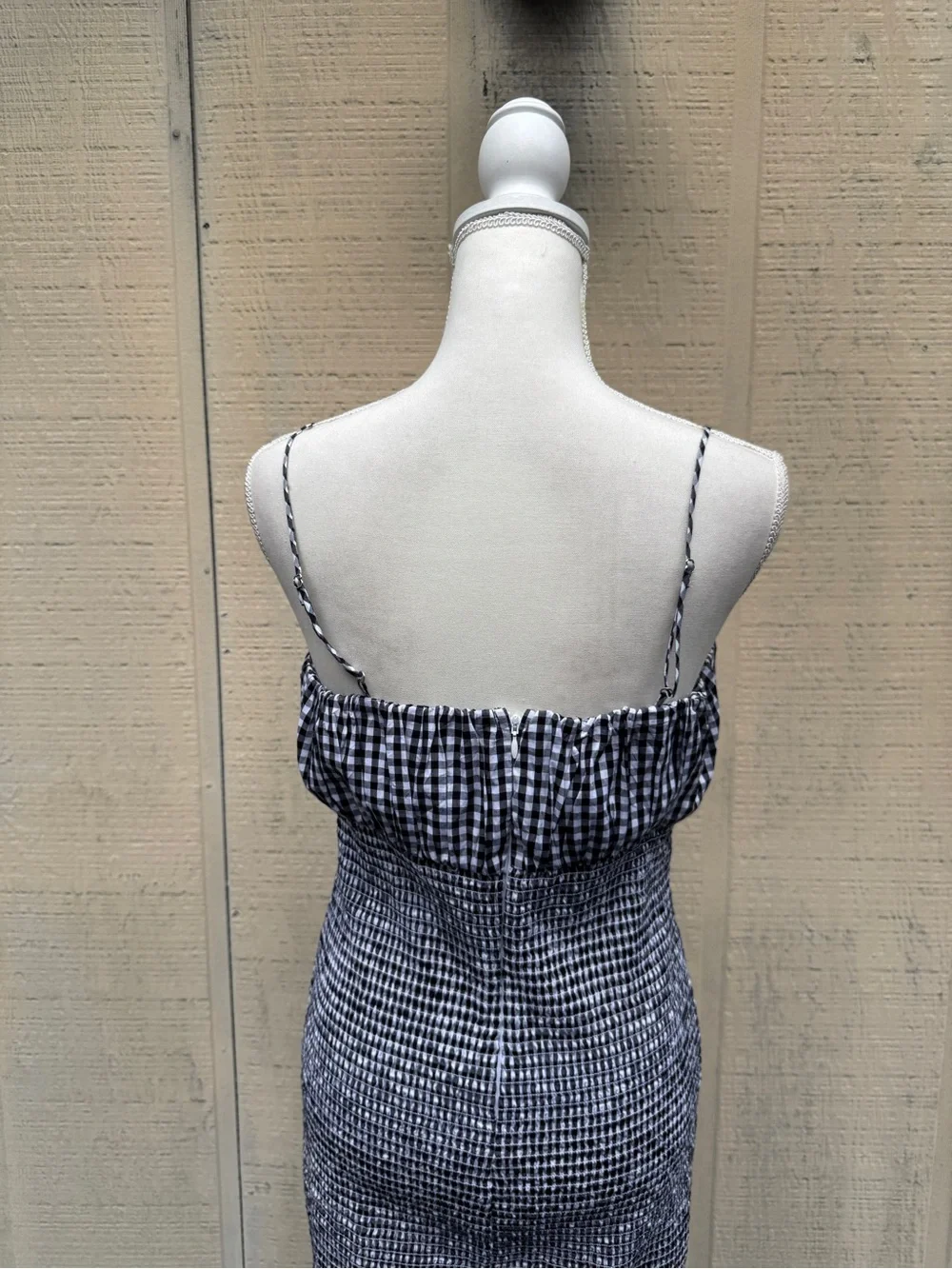 J. Crew Black and White Gingham Smocked Midi Dress